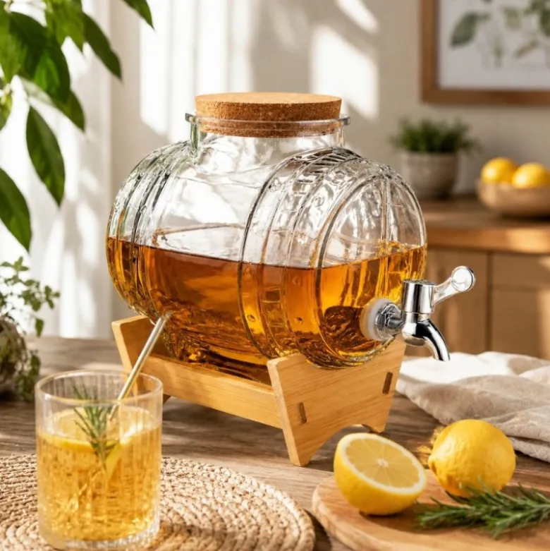Beczka szklana słój z kranikiem 3 L ze stojakiem antałek do whisky lemoniady napojów wody Kamille