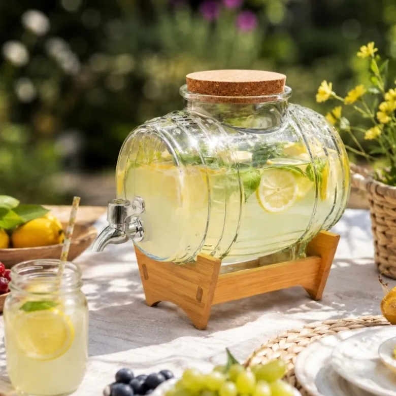 Beczka szklana słój z kranikiem 3 L ze stojakiem antałek do whisky lemoniady napojów wody Kamille