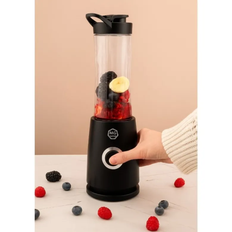 Blender personalny MG Home 500 ml 260W Butelka z ustnikiem, pokrywka i ostrze ze stali nierdzewnej czarny
