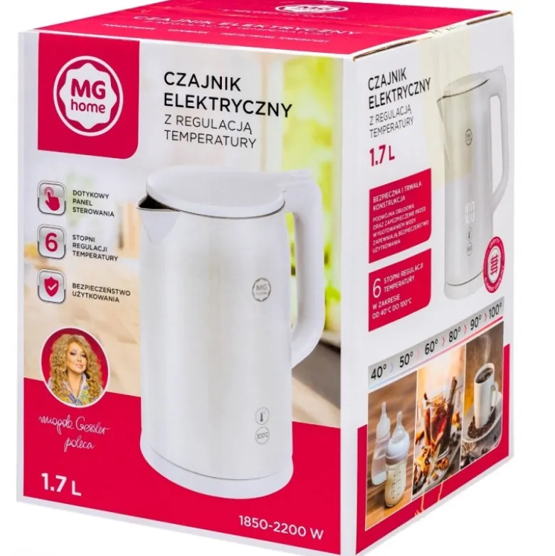 Czajnik elektryczny MG Home 1,7 L biały – regulacja temperatury, LED, 2200 W