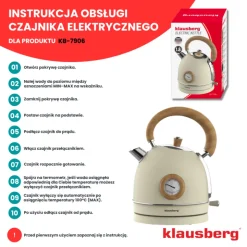 Czajnik elektryczny stalowy 1.8L kremowy z termometrem 2200W Klausberg KB7906