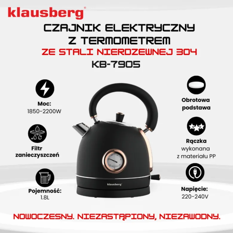 Czajnik elektryczny stalowy 1.8L czarny z termometrem 2200W Klausberg KB7905