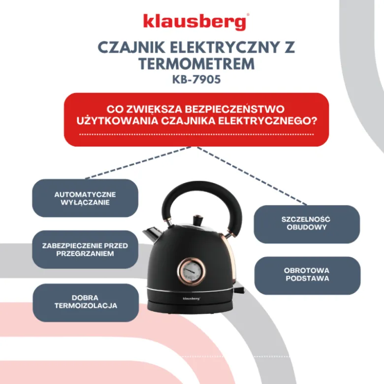 Czajnik elektryczny stalowy 1.8L czarny z termometrem 2200W Klausberg KB7905