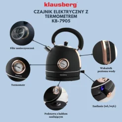 Czajnik elektryczny stalowy 1.8L czarny z termometrem 2200W Klausberg KB7905