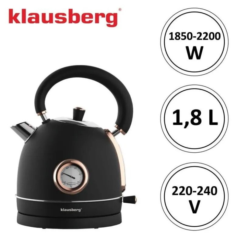 Czajnik elektryczny stalowy 1.8L czarny z termometrem 2200W Klausberg KB7905