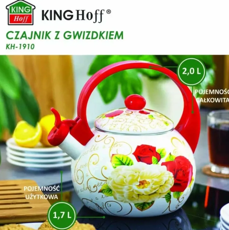 Czajnik tradycyjny emaliowany 2 L stalowy biały czerwone róże Kinghoff KH 1910