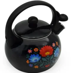 Czajnik tradycyjny z gwizdkiem emaliowany 2.2 L Folk czarny w kwiatki Tragar