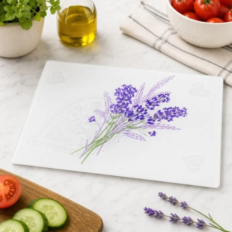 Deska do krojenia patera prostokątna 40x30 cm szklana deska do serwowania clara lavender heart