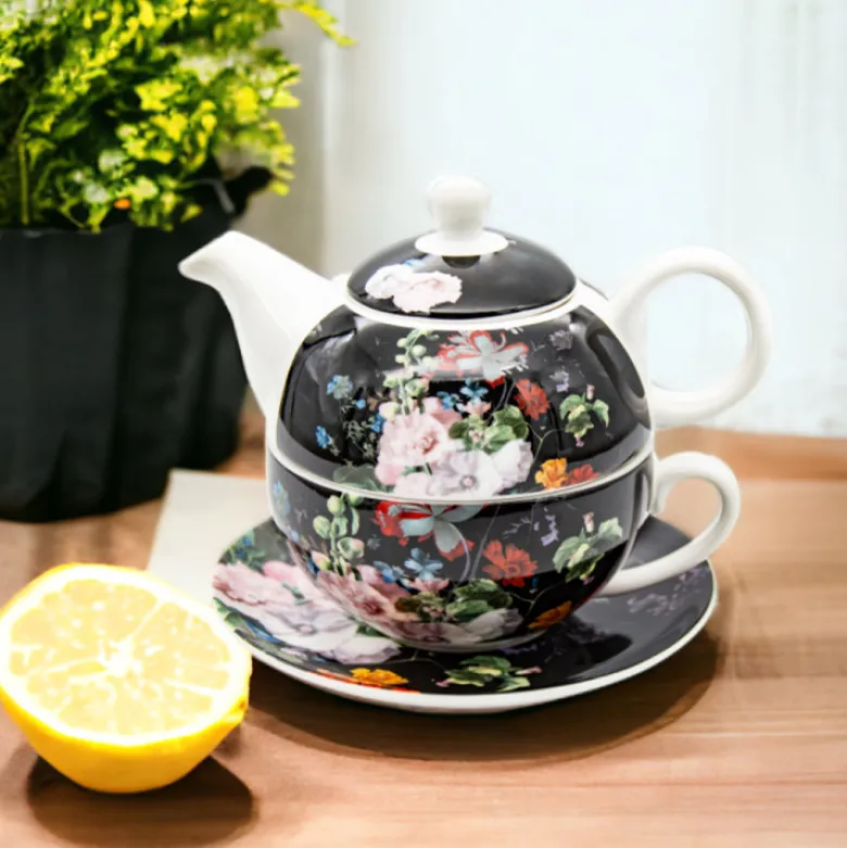 Dzbanek 450 ml z filiżanką imbryk czarny w kwiaty zestaw z filiżanką Tragar Bella Fiore 38977