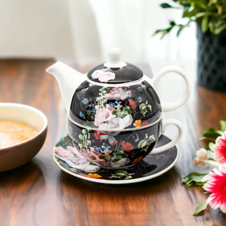 Dzbanek 450 ml z filiżanką imbryk czarny w kwiaty zestaw z filiżanką Tragar Bella Fiore 38977