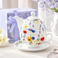 Dzbanek porcelanowy z filiżanką biały imbryk w kwiaty do zaparzania herbaty 400ml SOLEY ODELO OD2957 Delhan