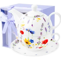 Dzbanek porcelanowy z filiżanką biały imbryk w kwiaty do zaparzania herbaty 400ml SOLEY ODELO OD2957 Delhan