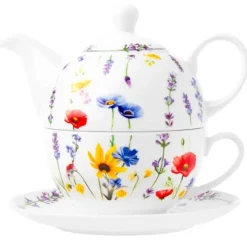 Dzbanek porcelanowy z filiżanką biały imbryk w kwiaty do zaparzania herbaty 400ml SOLEY ODELO OD2957 Delhan