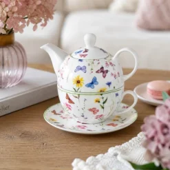 Dzbanek porcelanowy z filiżanką biały imbryk w z motywem polnym do zaparzania herbaty 400ml ODELO VEDIA OD2958 Delhan