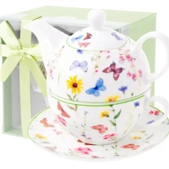 Dzbanek porcelanowy z filiżanką biały imbryk w z motywem polnym do zaparzania herbaty 400ml ODELO VEDIA OD2958 Delhan