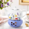 Dzbanek porcelanowy z niebieskim podgrzewaczem biały imbryk w kwiaty do zaparzania herbaty 1L ODELO SOLEY OD2963 Delhan