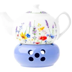 Dzbanek porcelanowy z niebieskim podgrzewaczem biały imbryk w kwiaty do zaparzania herbaty 1L ODELO SOLEY OD2963 Delhan