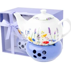 Dzbanek porcelanowy z niebieskim podgrzewaczem biały imbryk w kwiaty do zaparzania herbaty 1L ODELO SOLEY OD2963 Delhan