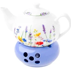 Dzbanek porcelanowy z niebieskim podgrzewaczem biały imbryk w kwiaty do zaparzania herbaty 1L ODELO SOLEY OD2963 Delhan