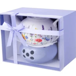 Dzbanek porcelanowy z niebieskim podgrzewaczem biały imbryk w kwiaty do zaparzania herbaty 1L ODELO SOLEY OD2963 Delhan