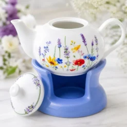 Dzbanek porcelanowy z niebieskim podgrzewaczem biały imbryk w kwiaty do zaparzania herbaty 1L ODELO SOLEY OD2960 Delhan