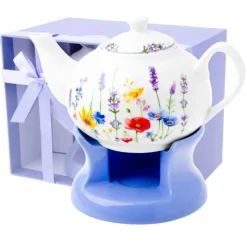 Dzbanek porcelanowy z niebieskim podgrzewaczem biały imbryk w kwiaty do zaparzania herbaty 1L ODELO SOLEY OD2960 Delhan