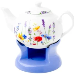 Dzbanek porcelanowy z niebieskim podgrzewaczem biały imbryk w kwiaty do zaparzania herbaty 1L ODELO SOLEY OD2960 Delhan