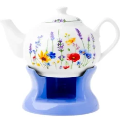 Dzbanek porcelanowy z niebieskim podgrzewaczem biały imbryk w kwiaty do zaparzania herbaty 1L ODELO SOLEY OD2960 Delhan