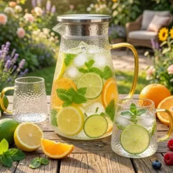 Dzbanek szklany 1500 ml z pokrywką i sitkiem uniwersalny do lemoniady soku i kompotu Tragar