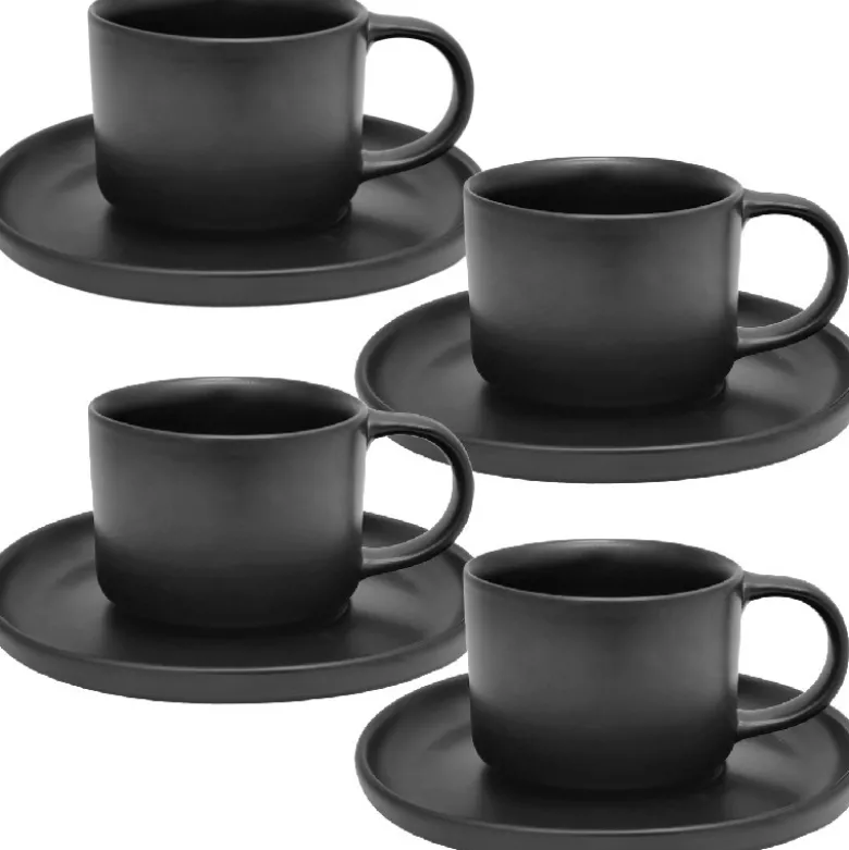 Filiżanki porcelanowe 220 ml ze spodkiem MG Home Artena czarne serwis kawowy zestaw 4 sztuki