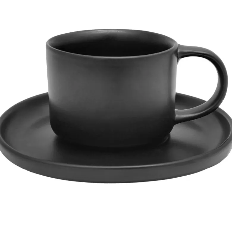 Filiżanki porcelanowe 220 ml ze spodkiem MG Home Artena czarne serwis kawowy zestaw 4 sztuki