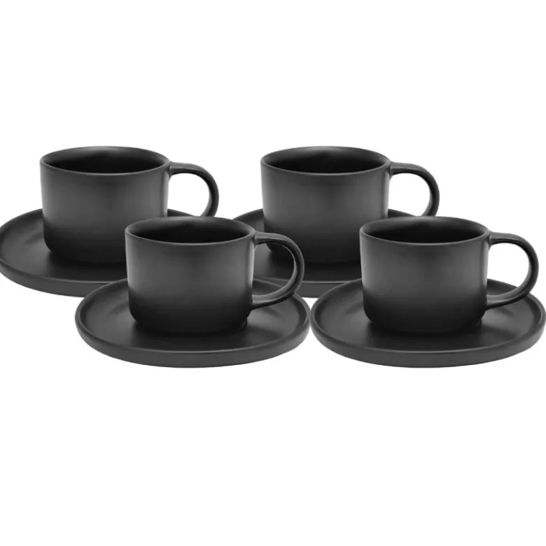 Filiżanki porcelanowe 220 ml ze spodkiem MG Home Artena czarne serwis kawowy zestaw 4 sztuki