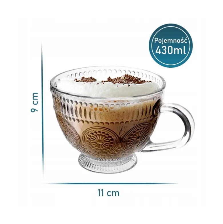 Filiżanki szklane 430 ml duże do kawy herbaty Altom Daisy zestaw 6 sztuk
