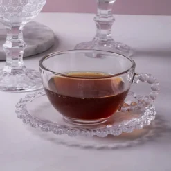 Filiżanki ze spodkiem do kawy i herbaty 200 ml szklana Altom Design Bloom zestaw 6 szt