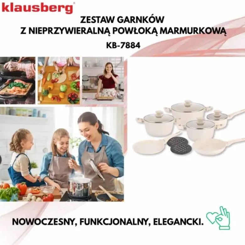 Garnki beżowe zestaw 12 elementowy komplet garnków z patelniami i rondlem Klausberg KB-7884