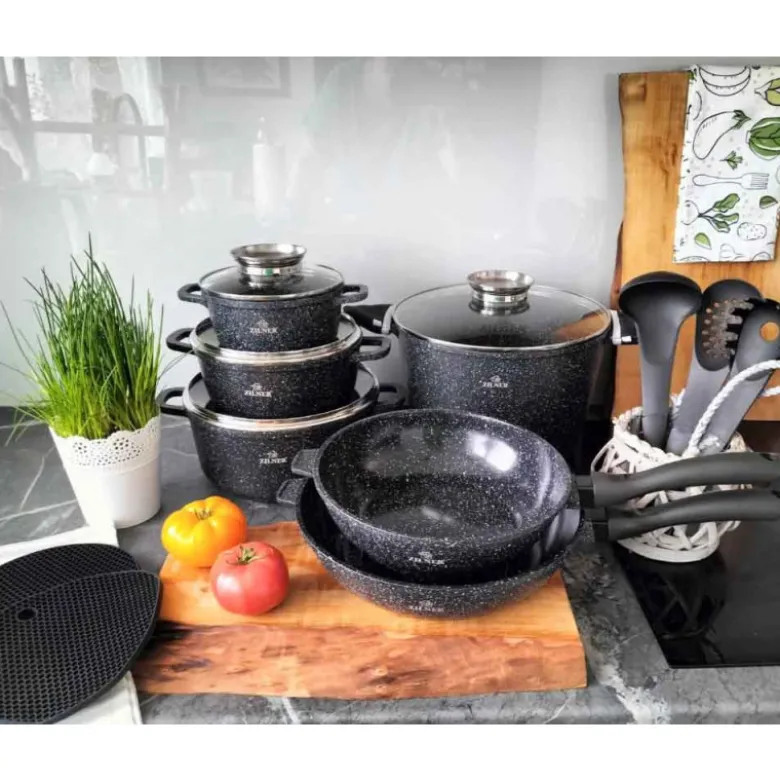 Garnki marmurowe czarne zestaw 17 elementowy patelnie przybory Zilner ZL 8536 indukcja gaz