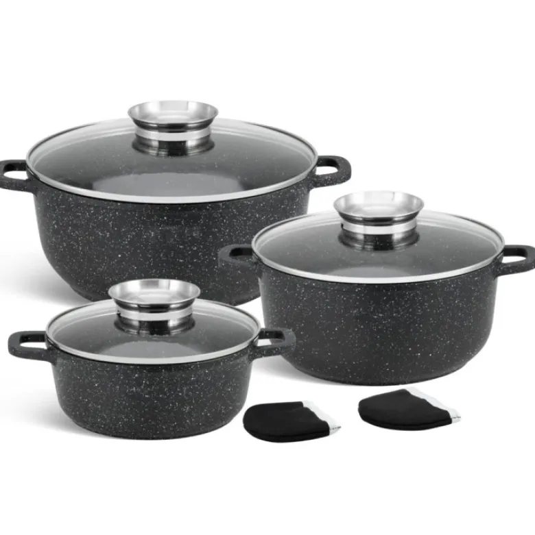 Garnki marmurowe zestaw 3 garnków granitowych indukcyjnych z pokrywkami Elitehoff E 7061