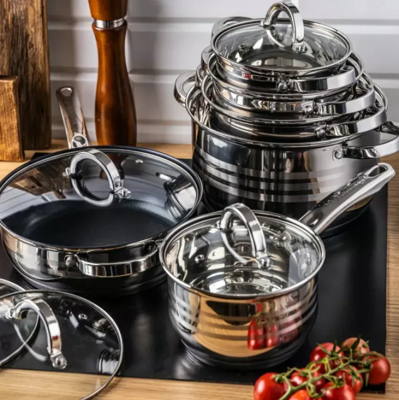 Garnki stalowe z rondlem i patelnią teflonową 2.1/2.1/3.4/3.1/3.9/6L zestaw 12 elementowy Klausberg KB 7698 indukcja