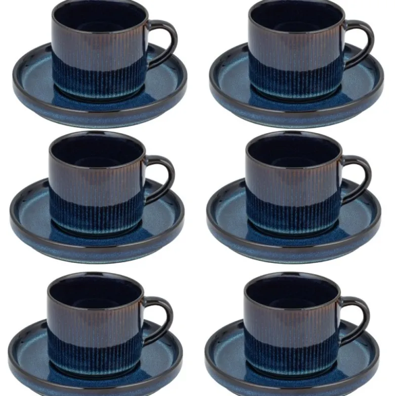 Komplet 6 filiżanek ze spodkami porcelanowe Florina Evia Blue 250 ml do kawy herbaty zestaw niebieskie modern