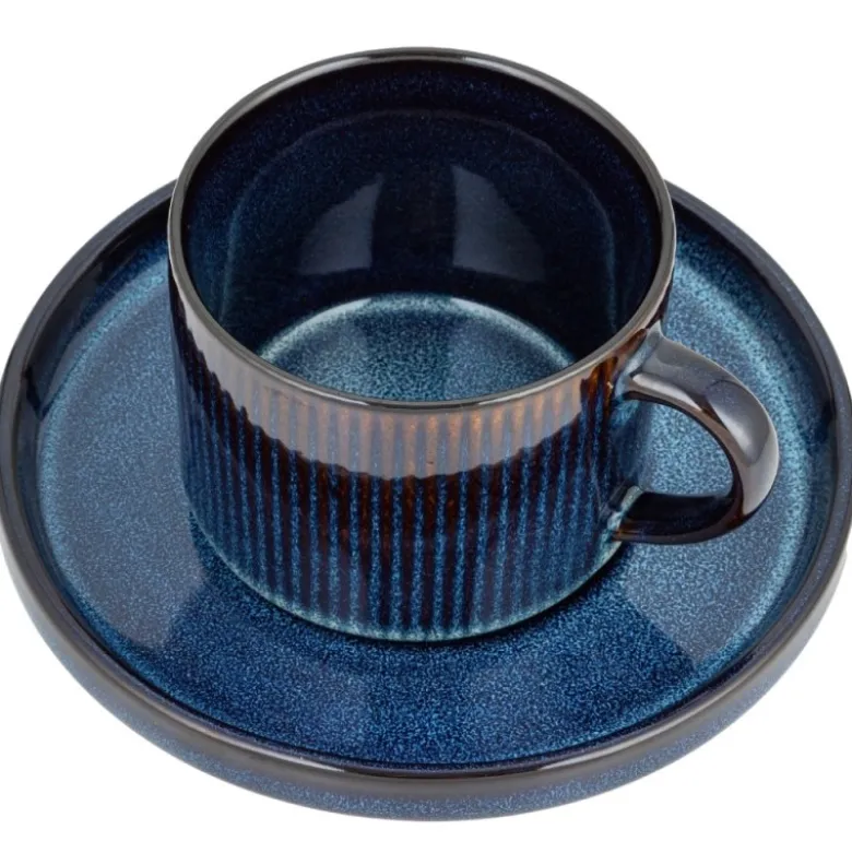 Komplet 6 filiżanek ze spodkami porcelanowe Florina Evia Blue 250 ml do kawy herbaty zestaw niebieskie modern