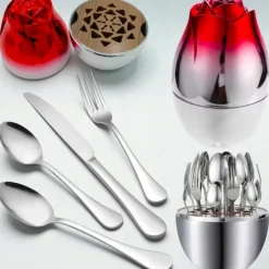 Komplet sztućców stal nierdzewna połysk Rosa Bella zestaw 24 elementy organizer kwiat jajko RB 731