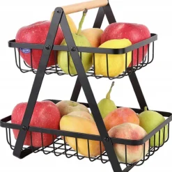 Koszyk na owoce dwupoziomowy metalowy czarny Elitehoff E-8084 Patera druciana prostokątna z uchwytem