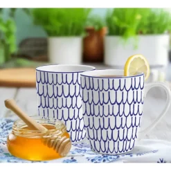Kubki porcelanowe 360 ml MG Home Fiori niebieski wzór płatki kwiatu komplet 6 kubków