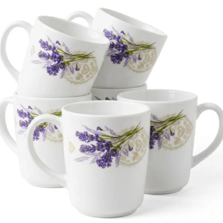 Kubki szklane 320 ml komplet 6 kubków Esmene Lavander białe wzór lawenda