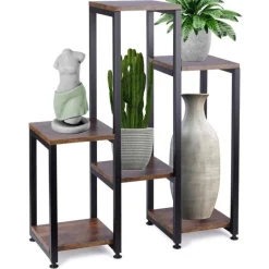 Kwietnik metalowy 80 cm czarny 6-poziomowy stojak na kwiaty i dekoracje Vilde drewno metal