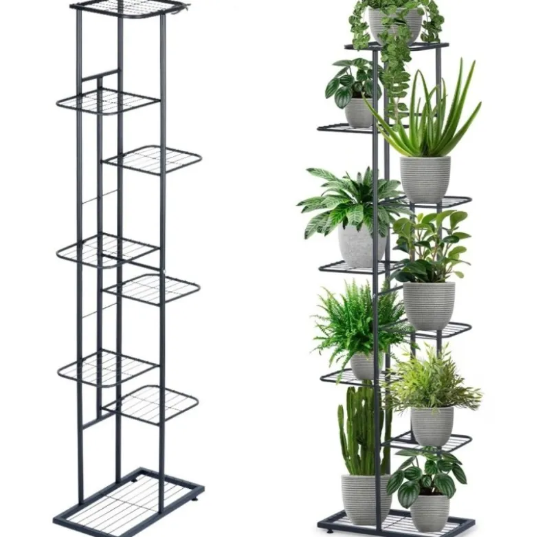 Kwietnik metalowy 142 cm czarny 8-poziomowy stojak na kwiaty i dekoracje Vilde