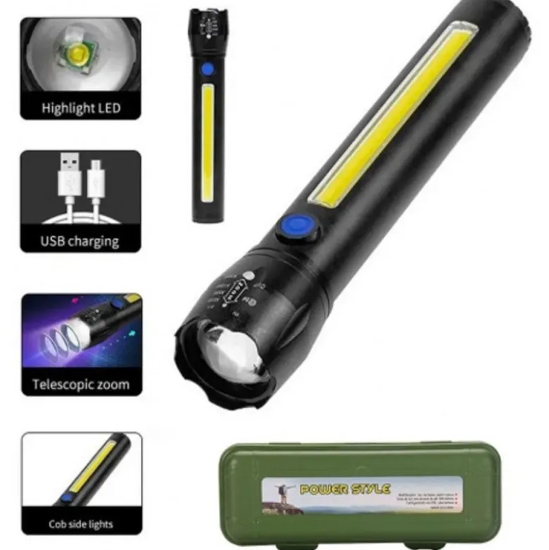 Latarka taktyczna LED ładowanie USB latarka w pudełku A 3611 COB ZOOM T6