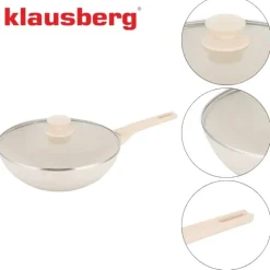 Patelnia WOK 28 cm z pokrywką i powłoką marmurową nieprzywierająca kremowa indukcja gaz Klausberg