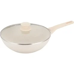 Patelnia WOK 28 cm z pokrywką i powłoką marmurową nieprzywierająca kremowa indukcja gaz Klausberg