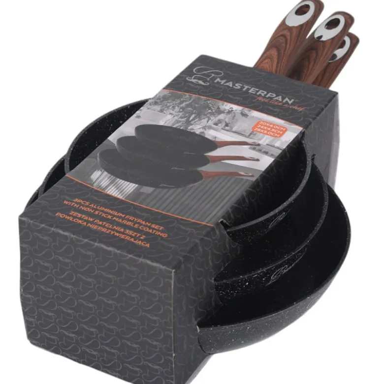 Patelnie aluminiowe z powłoką marmurkową 20/24/28 cm zestaw 3 sztuk czarne Masterpan MP 2382